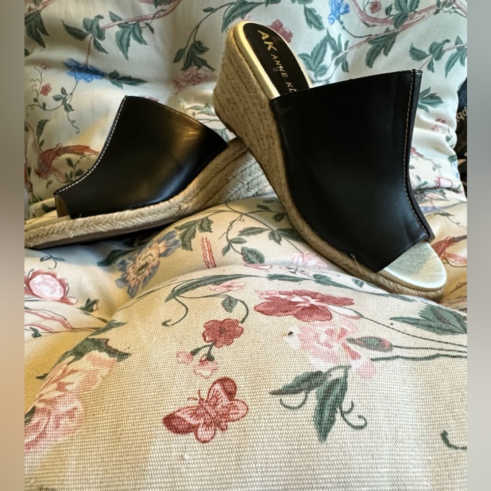 🖤 Anne Klein Akidette Espadrille Wedge Mules Black Slide Sandals 10M